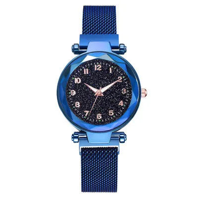 Starry sky digital luminous quartz watch with round 20.5mm dial and alloy strap on display