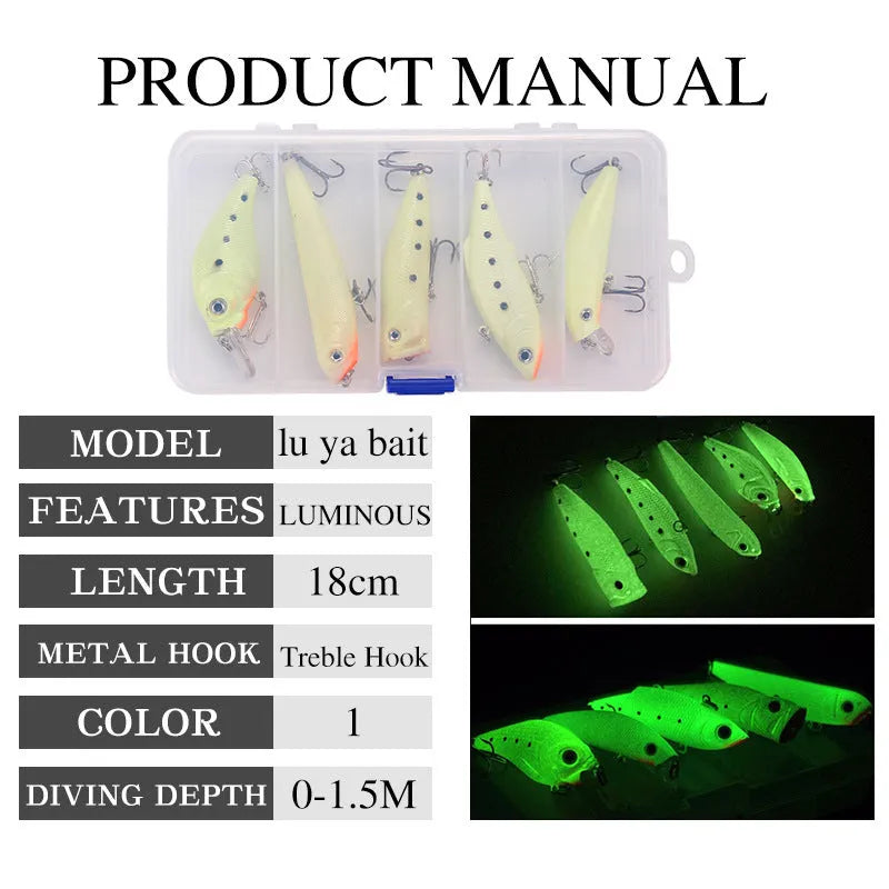 Set of five 3D fluorescent simulation luminous hard bait fishing lures