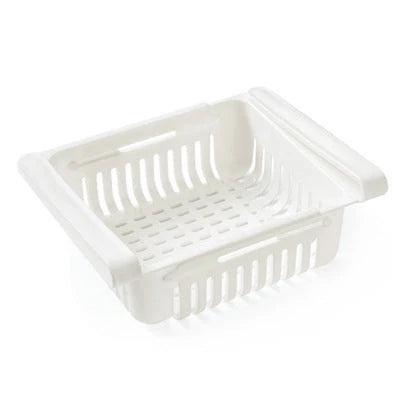 Stretchable refrigerator storage basket in white, blue, pink, and apricot colours
