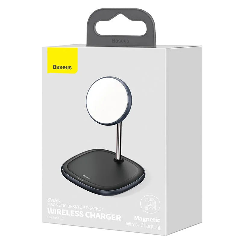 Swan magnetic wireless charging stand for iPhone 12 in black or white with Type-C cable