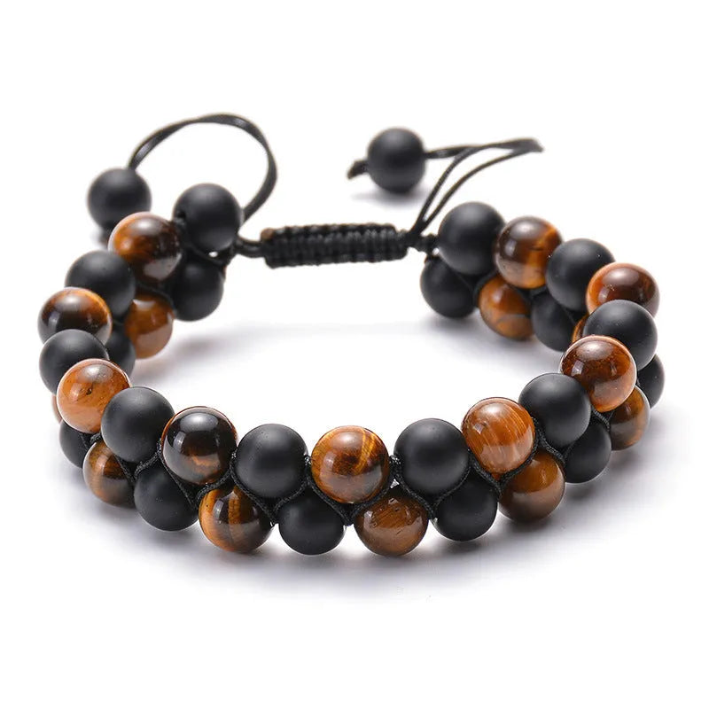 Tiger eye agate couple bracelets with matte black beads in geometric European-American design