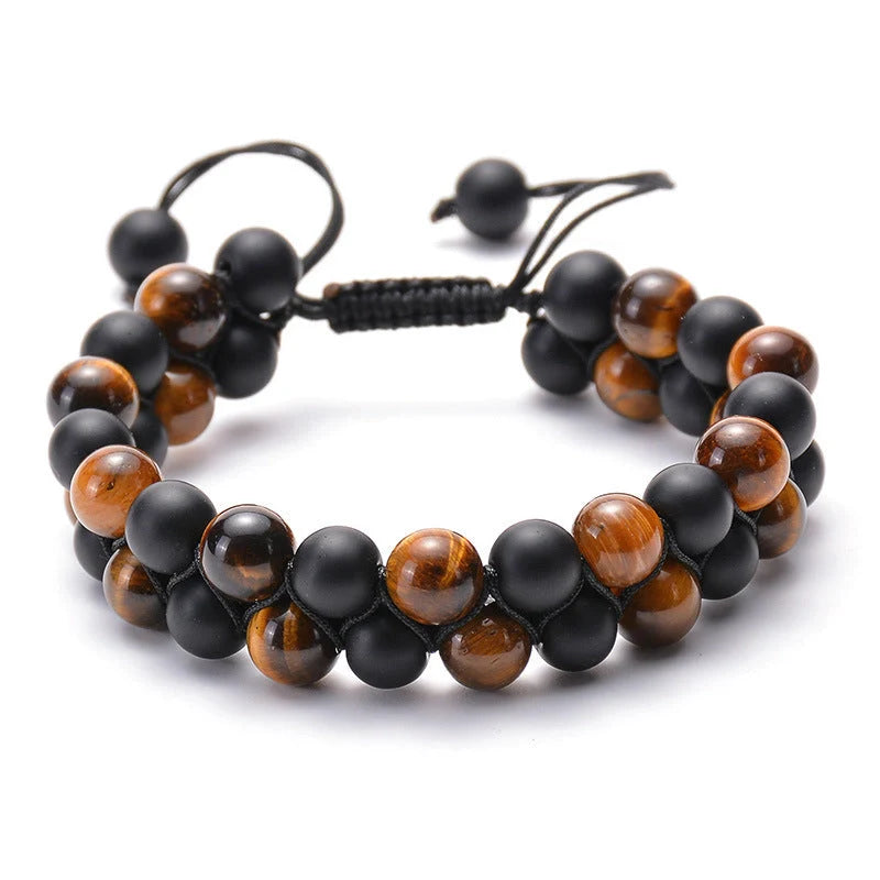 Tiger Eye Couple Bracelets with matte black agate beads, modern geometry design