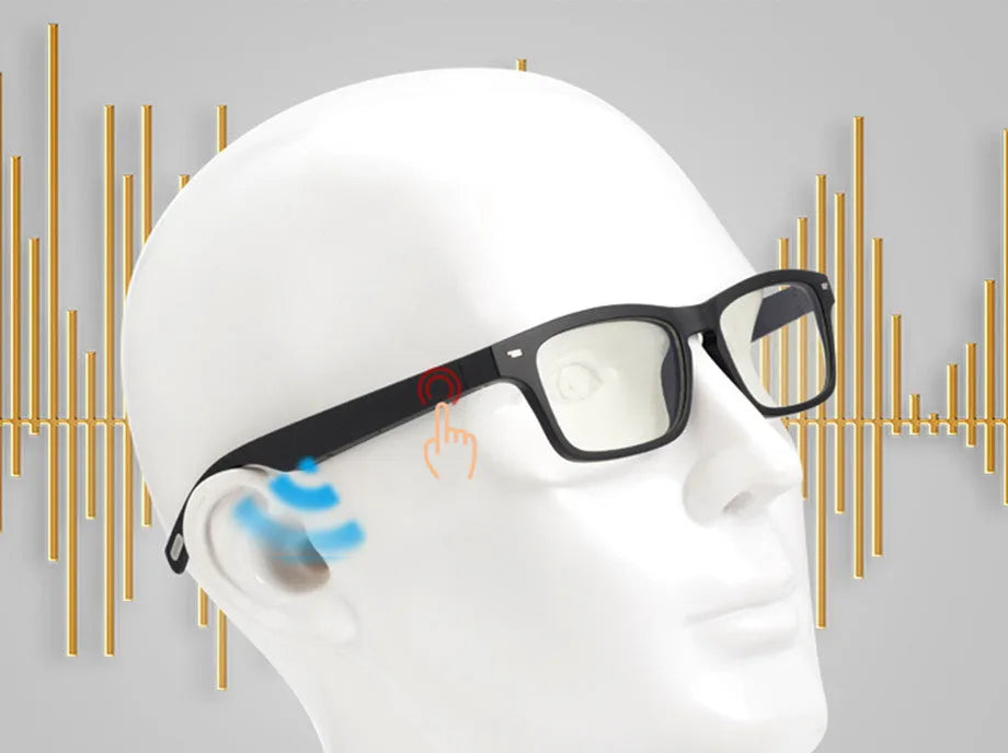 Black smart glasses with semi-open ear design showcasing integrated speakers for Bluetooth audio and calls.