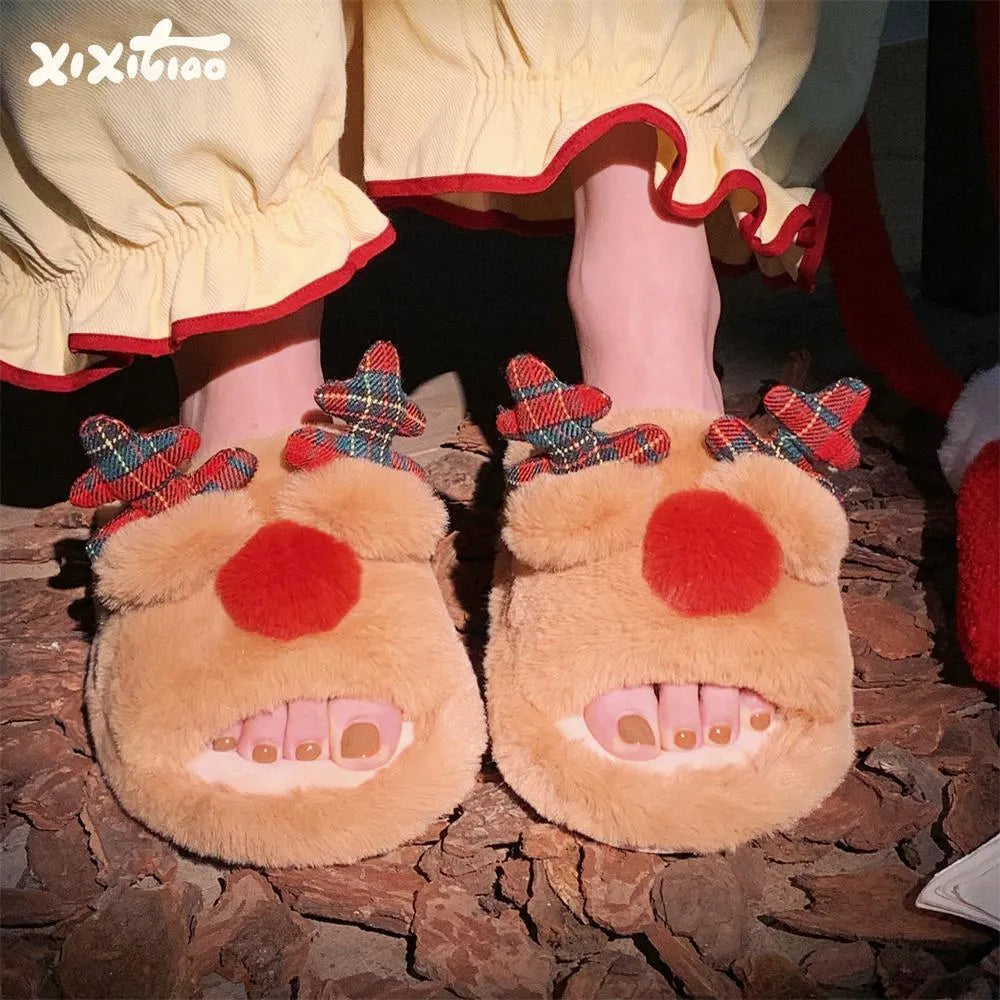 Brown women's cotton slippers with cartoon fawn design, suede uppers and PVC soles
