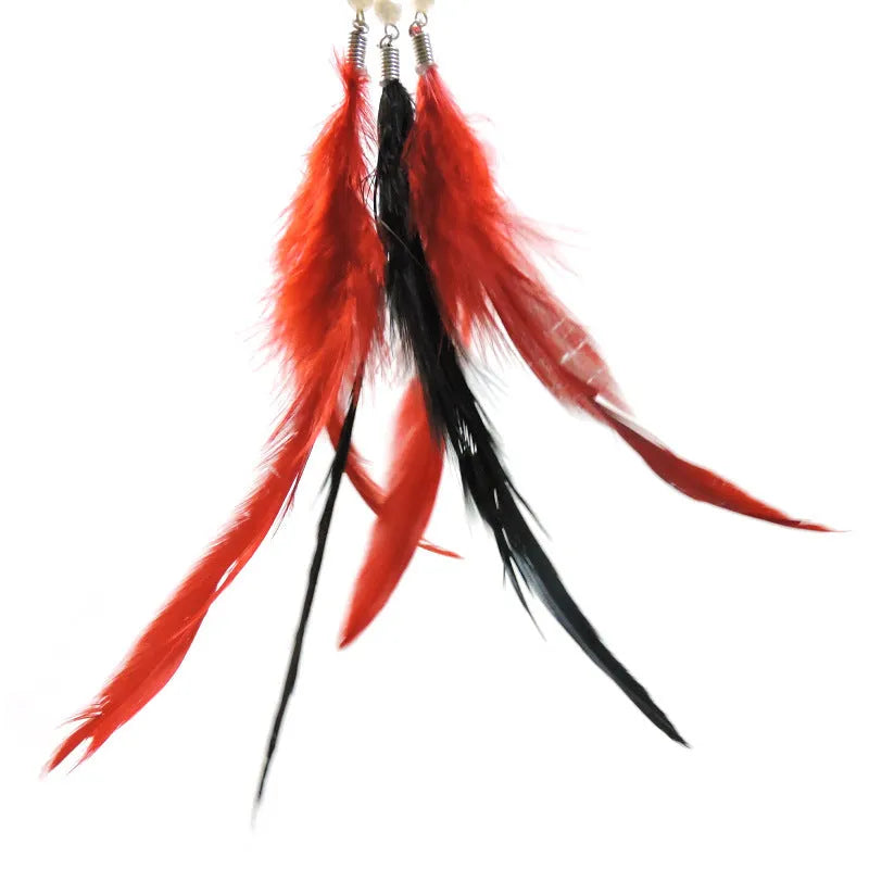 Cat feather wand toy with bells, 70cm full length, plastic and metal rods, random colour