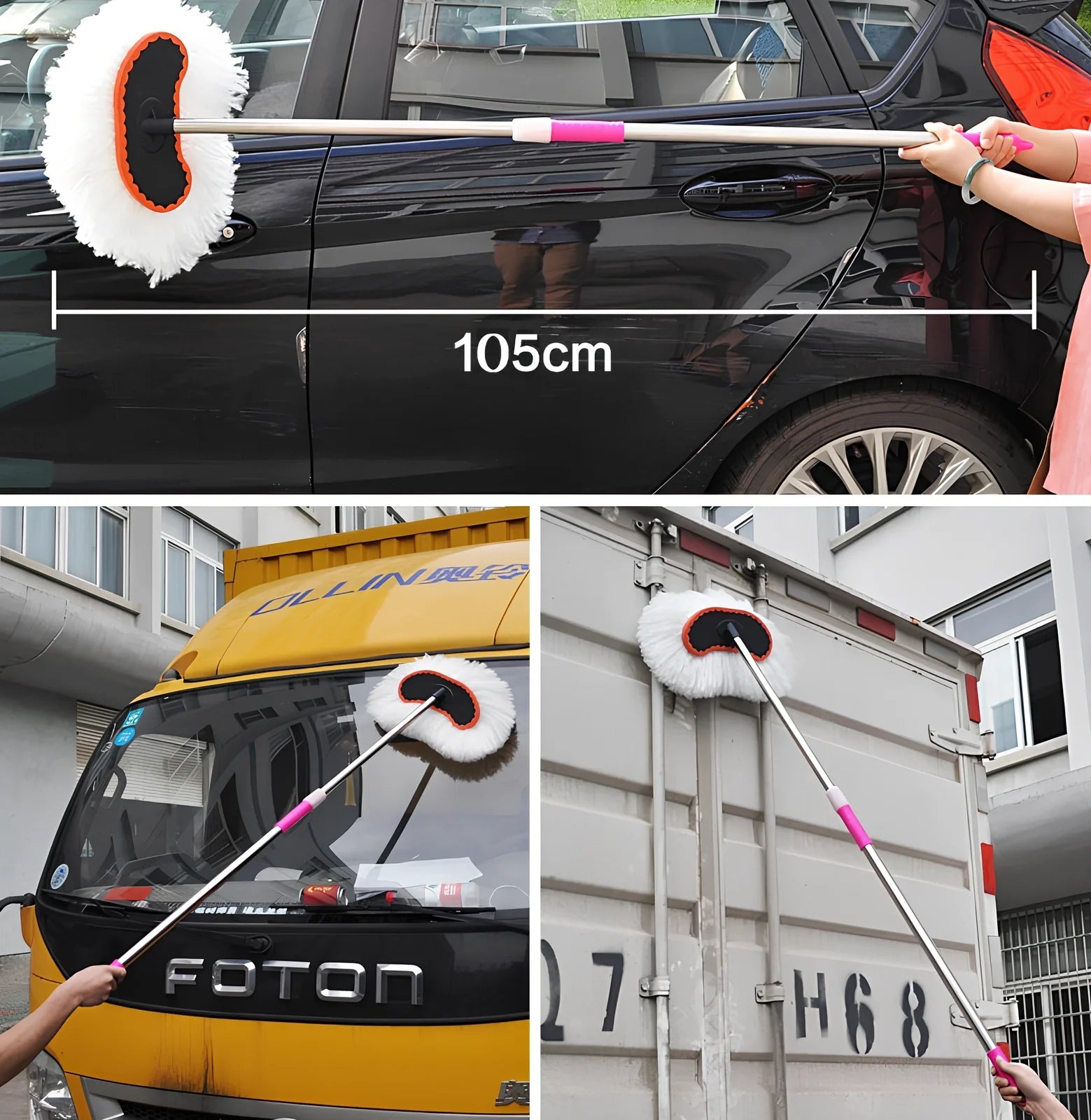 Extendable car wash brush with milk silk bristles and aluminum pole for vehicle cleaning