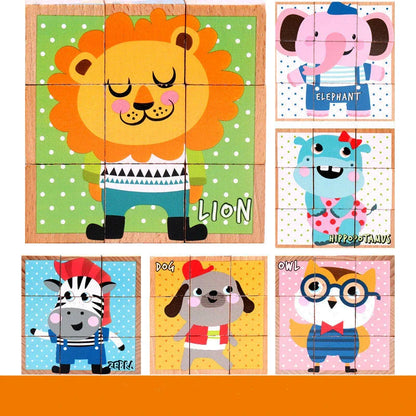 Six-face wooden jigsaw puzzle for children with six unique educational patterns