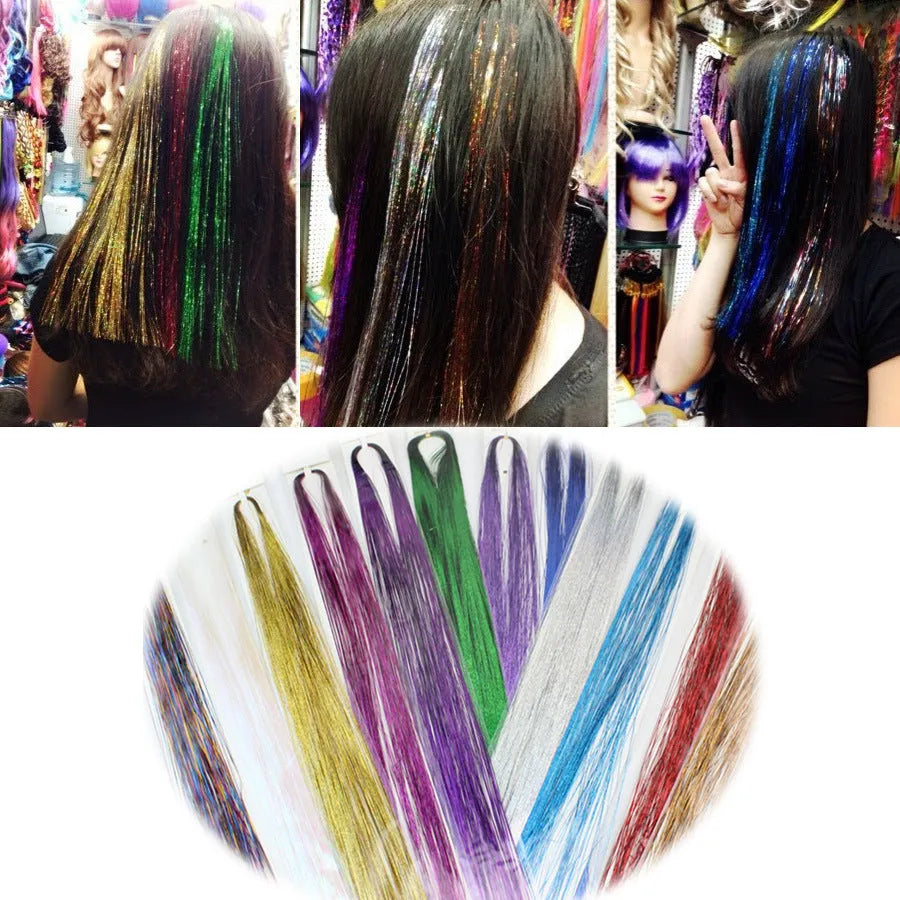 Laser hair colour hair extension wig in multiple colours, high temperature wire construction, clip and no-clip styles for ladies