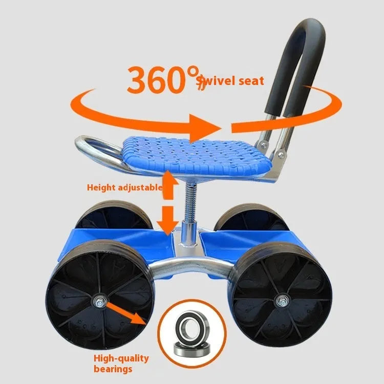 Folding garden mobile seat with wheels and galvanized pipe frame for outdoor use