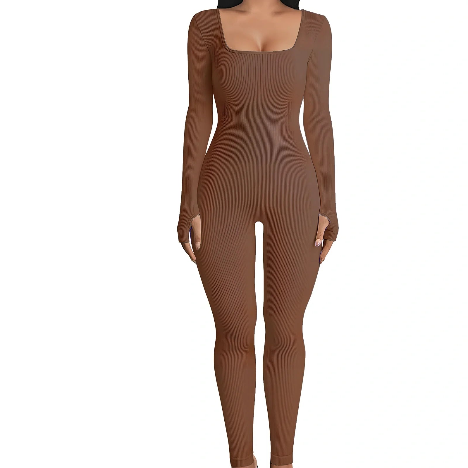 Women's black long sleeve square collar jumpsuit in polyester, size M, for yoga and street hipster style, 70cm inseam