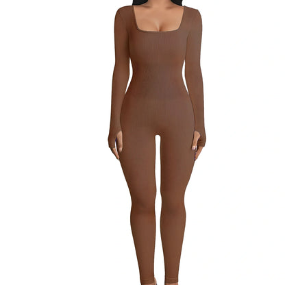 Women's black long sleeve square collar jumpsuit in polyester, size M, for yoga and street hipster style, 70cm inseam