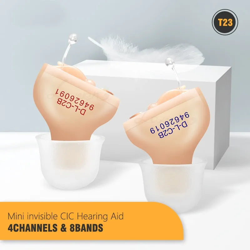 Mini completely-in-canal CIC T23 hearing aid unit with assorted ear dome sizes.