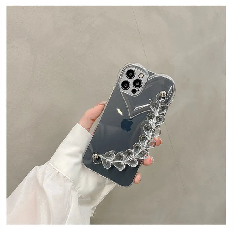 Transparent iPhone case with love bracelet chain design on clear TPU protective shell