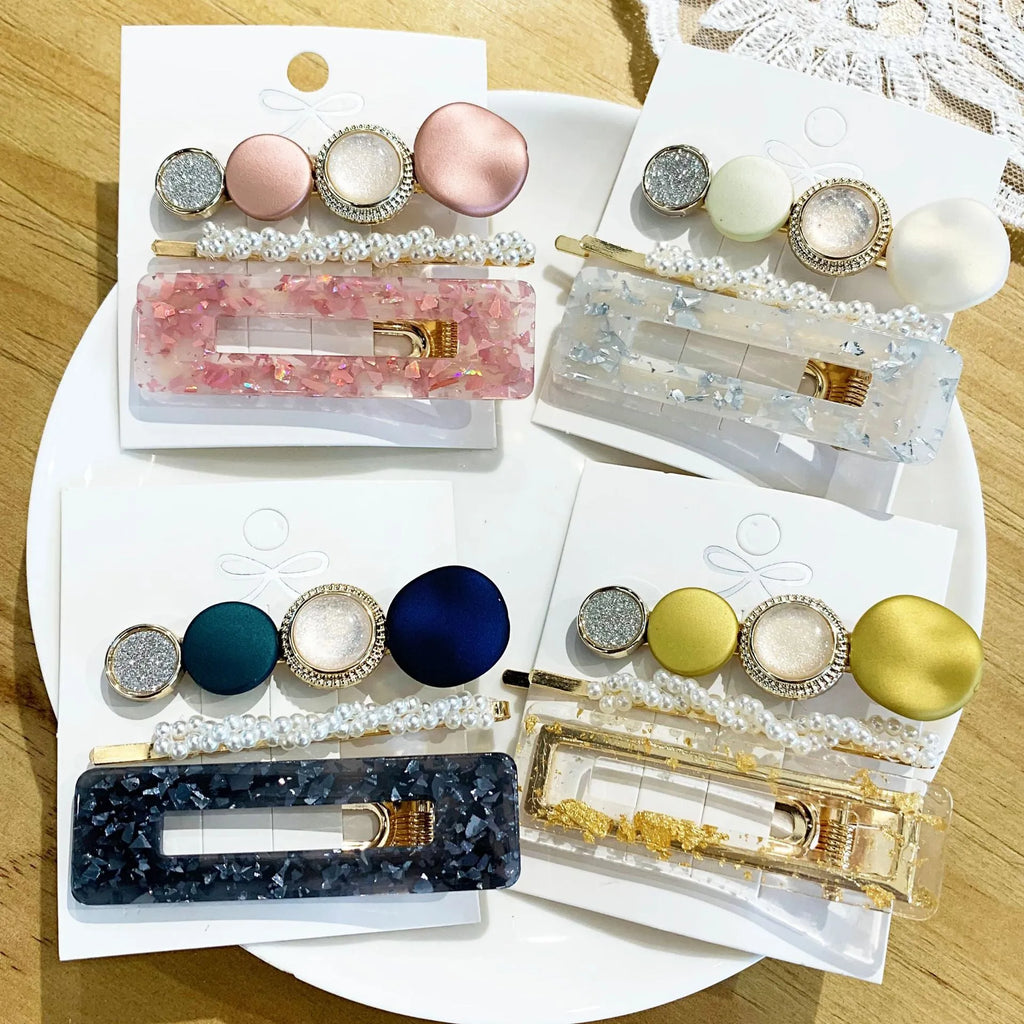 Acrylic pearl hair clip set in various colours including blue, green, pink, purple, white, and yellow