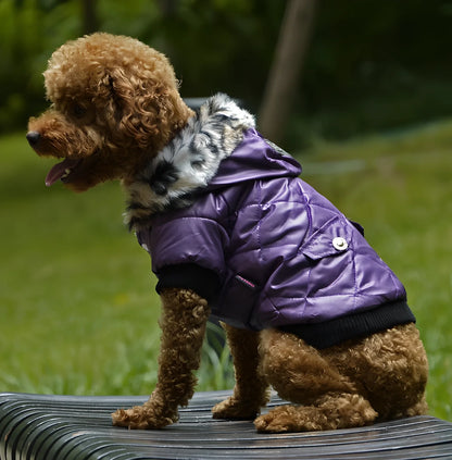 Black fur collar dog coat in M size, hooded with buttons, polyester fleece for winter warmth, 28cm back length