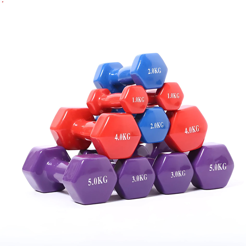 Bright colour plastic-coated fitness dumbbells for home workouts with floor protection