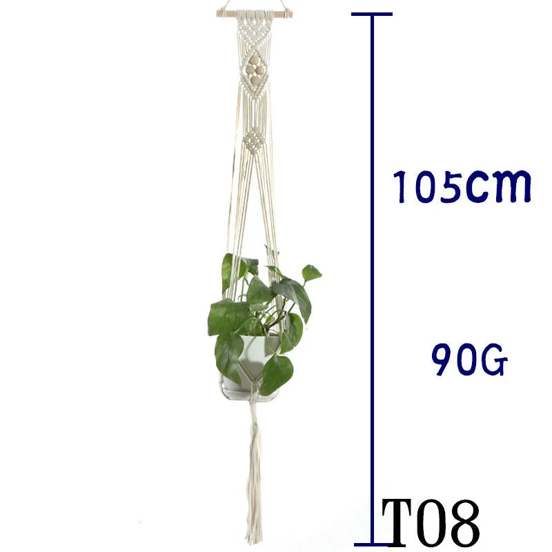 Handmade beige cotton rope flower pot net bag for indoor plants, American Country style