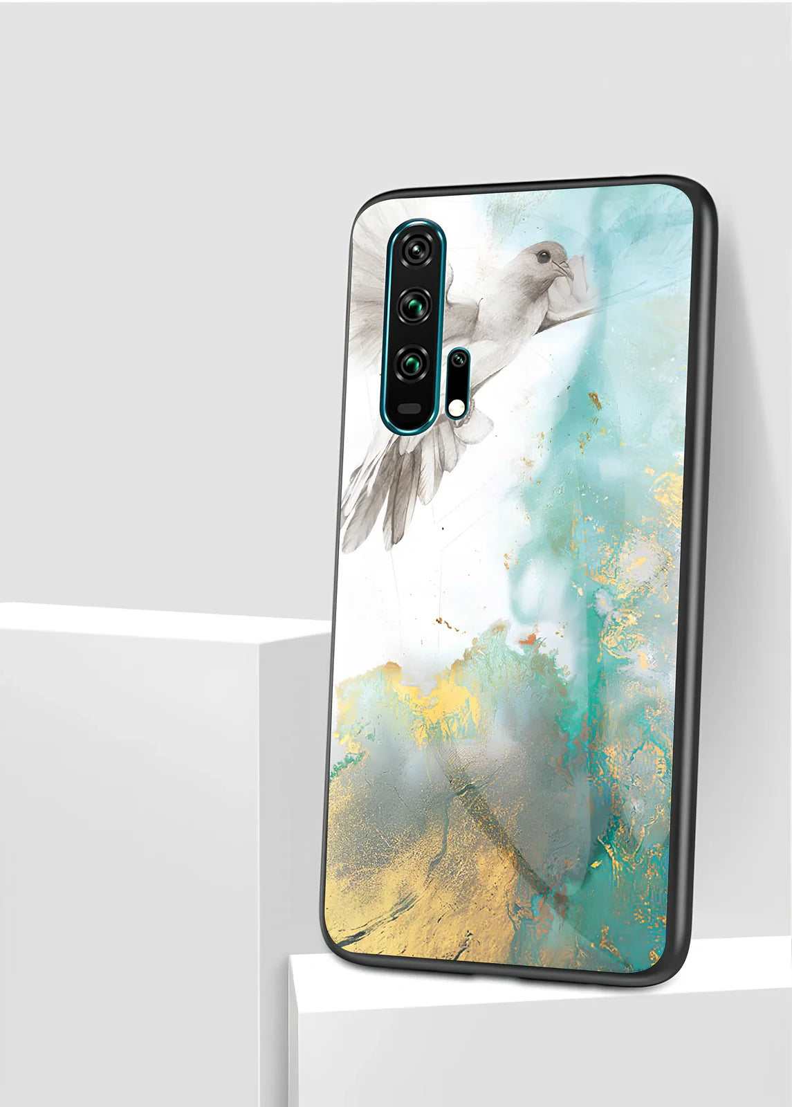 Black marble anti-fall phone case for Honor 20 with tempered glass back and silicone edges, showing grip texture and colour options