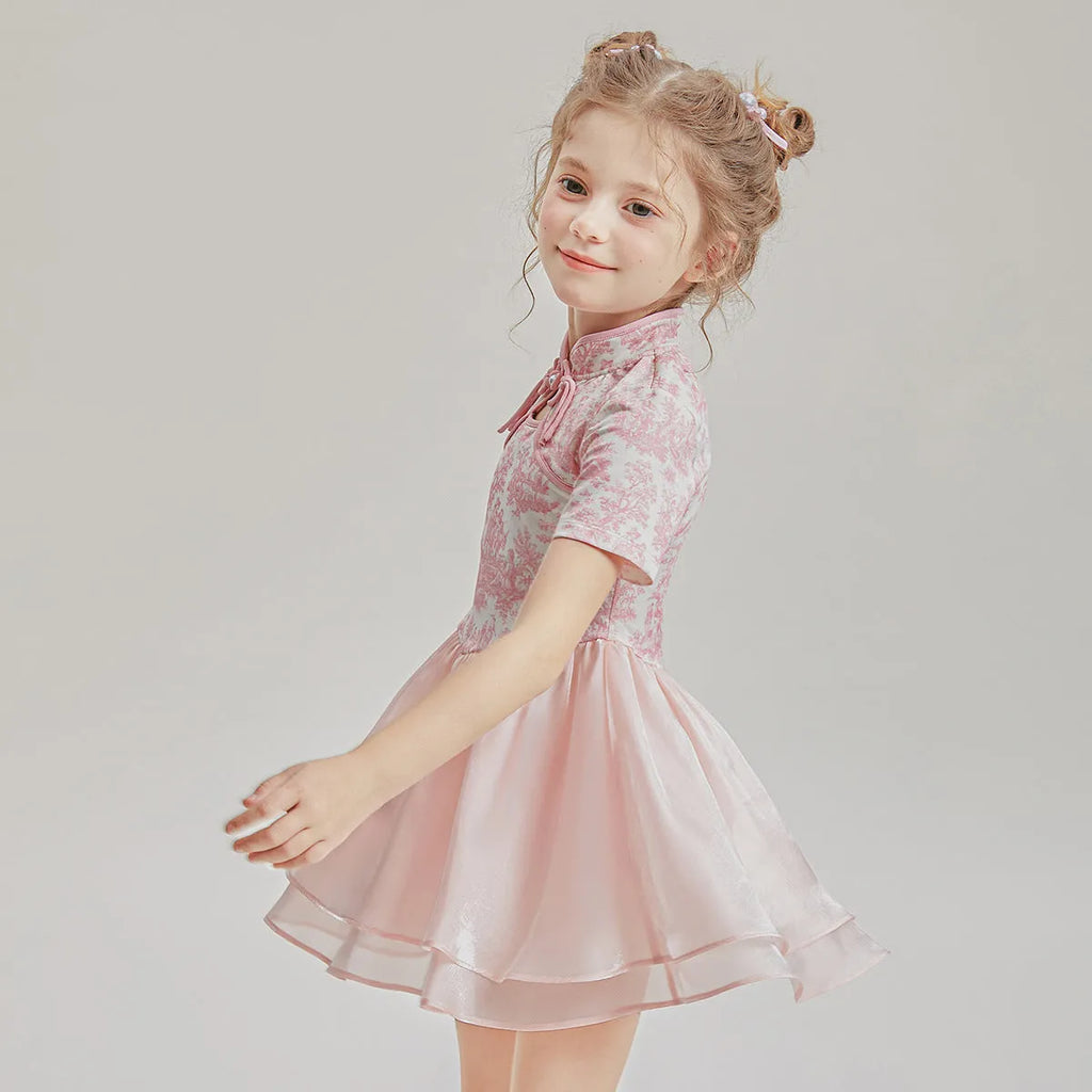 Children's casual patchwork swimsuit two-piece set in polyester with short sleeves, sizes 110-170