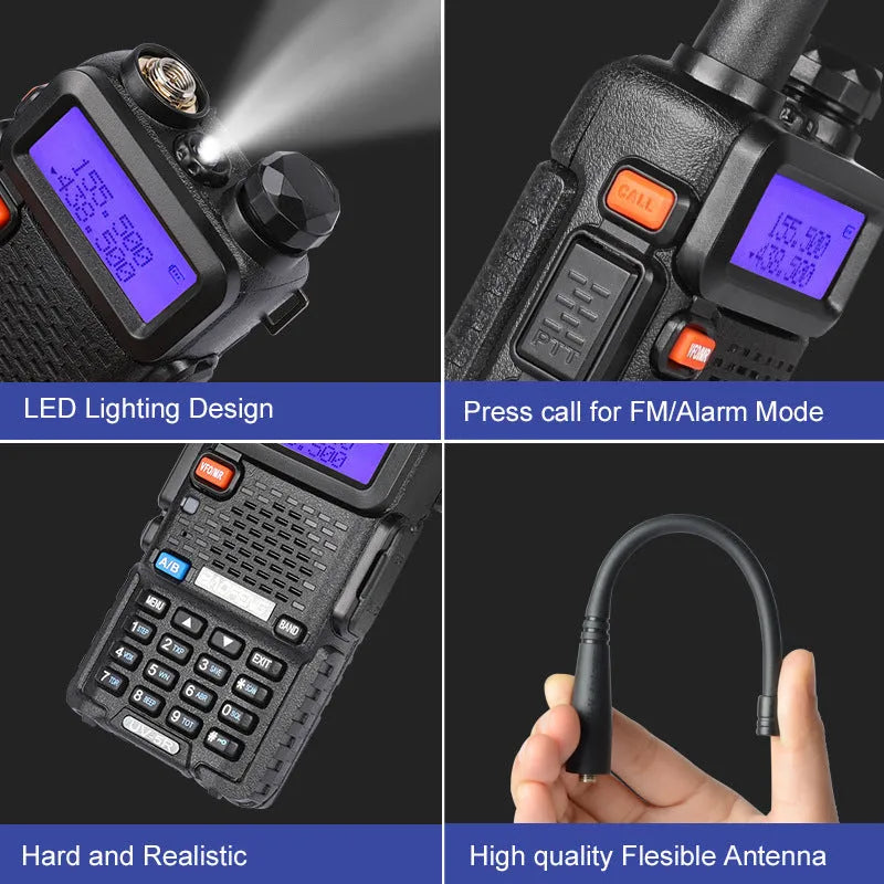 Black dual-band VHF UHF walkie talkie with 128 channels and a 5-10 km communication range.