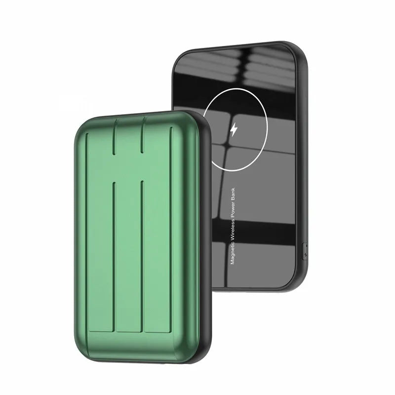 Blue 15W magnetic wireless power bank for iPhone showing front and side views.