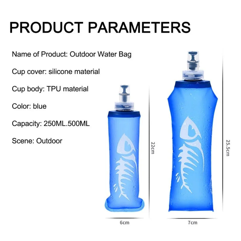 Blue sports soft water bottle with silicone lid on outdoor ground