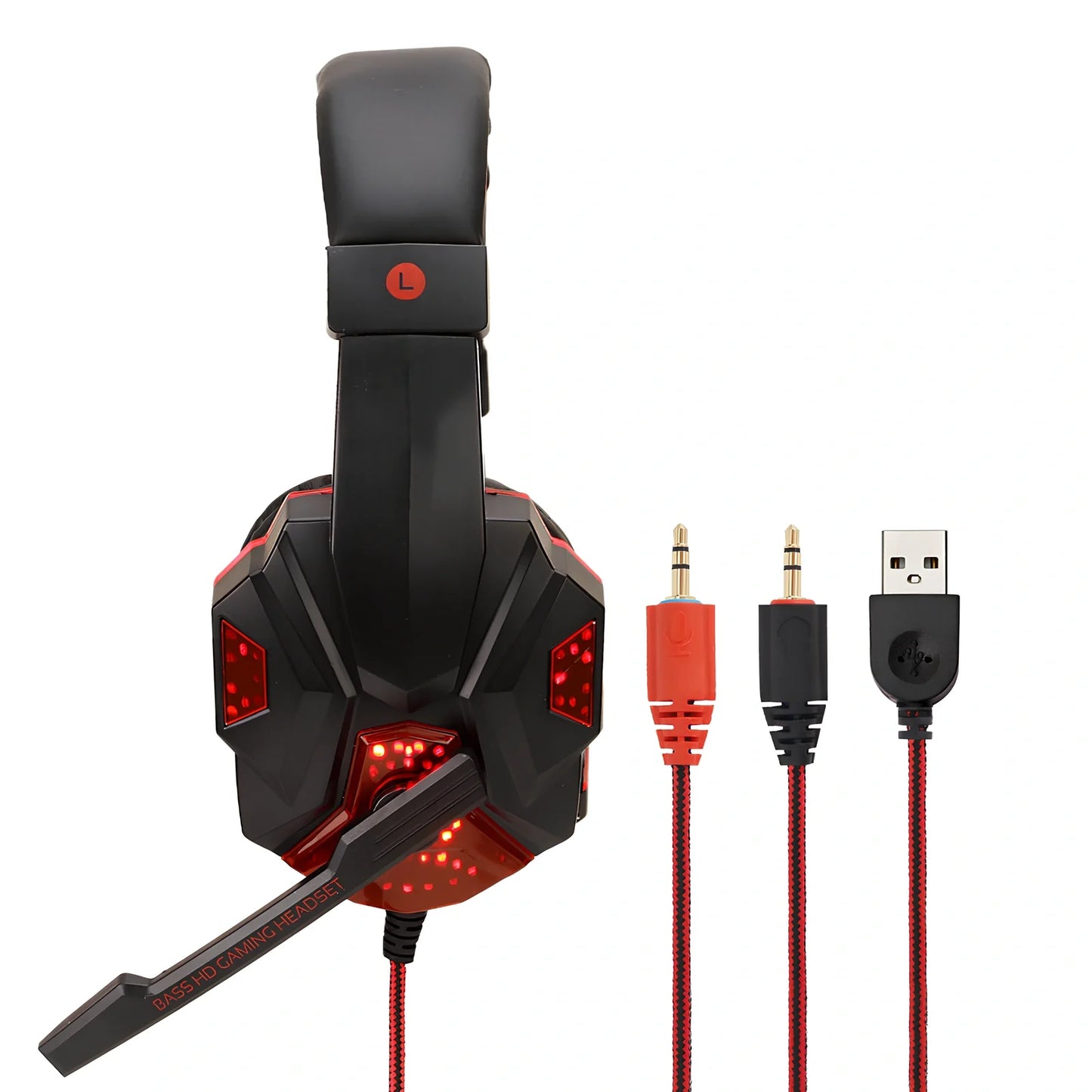 Black gaming headphones with adjustable microphone and braided cable showing 3.5mm plug