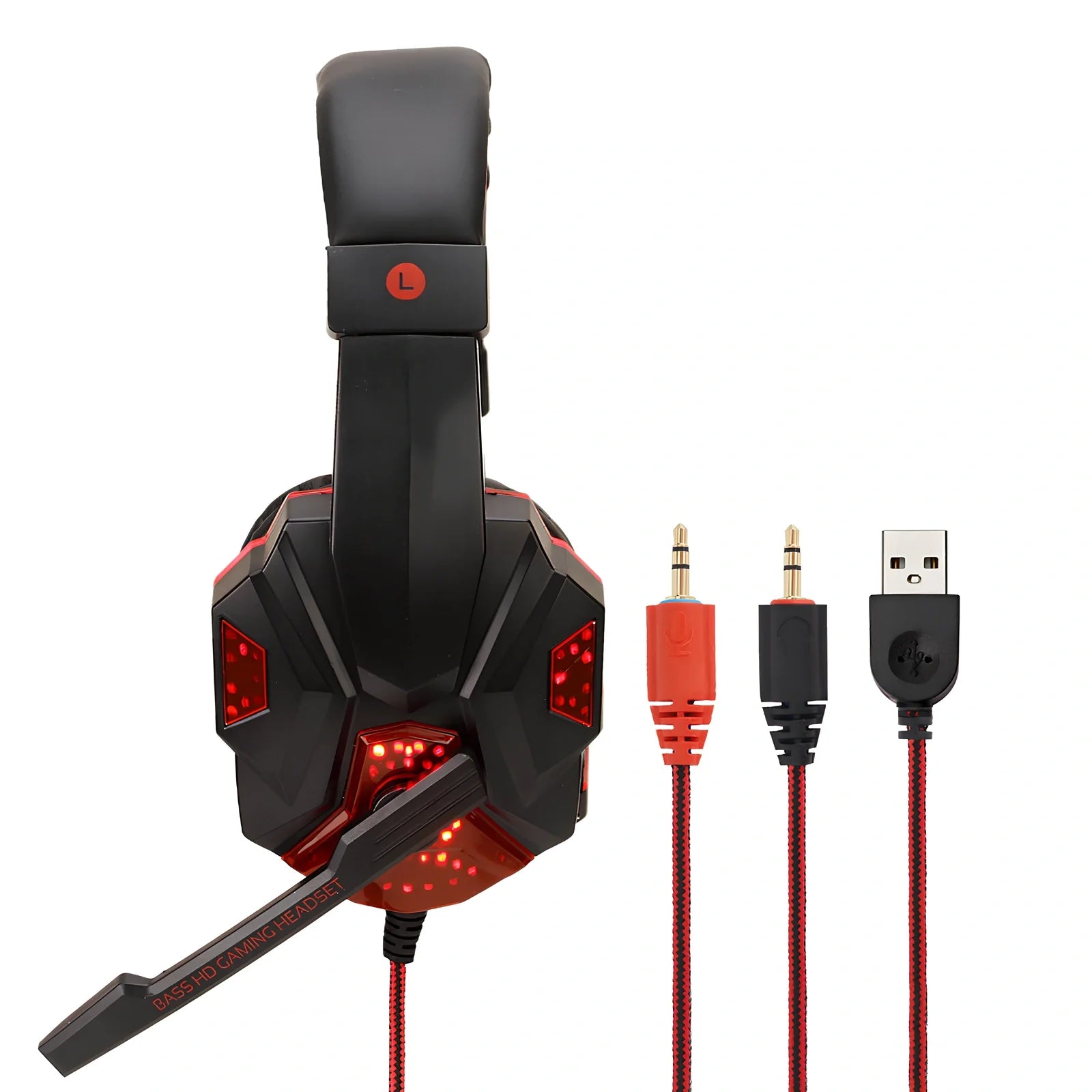Black gaming headphones with adjustable microphone and braided cable showing 3.5mm plug