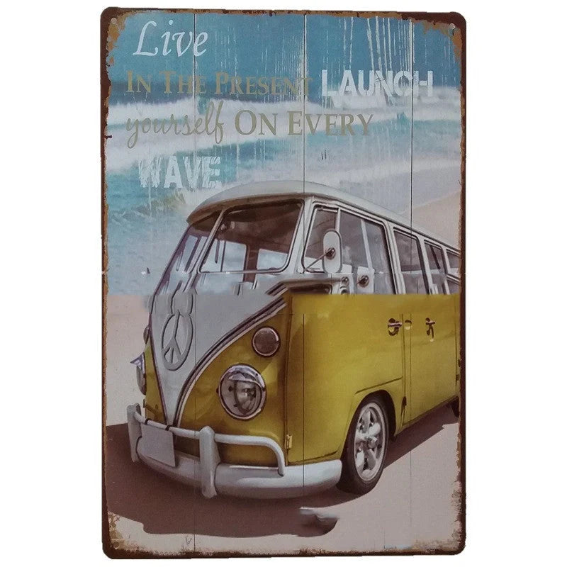 Retro tin painting metal crafts with car and motorcycle patterns in vibrant colours