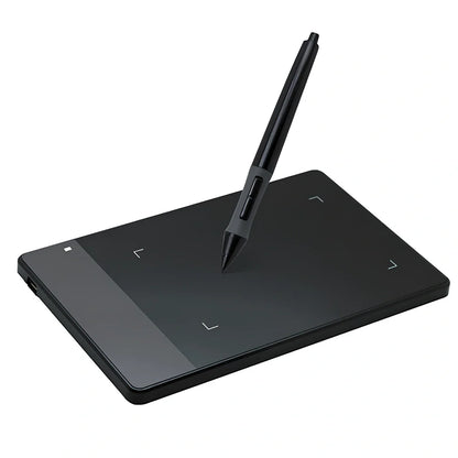 HUION 420 black graphics tablet with stylus, 176x115x7.5mm size, 2048 pressure levels for drawing.