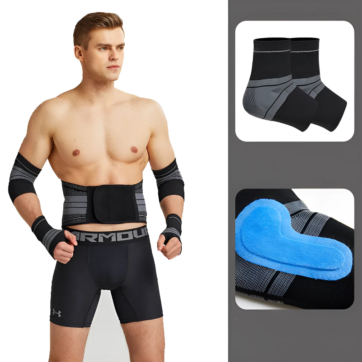 Sports protective gear set including ankle brace, elbow pads, palm guard, and waist support in nylon