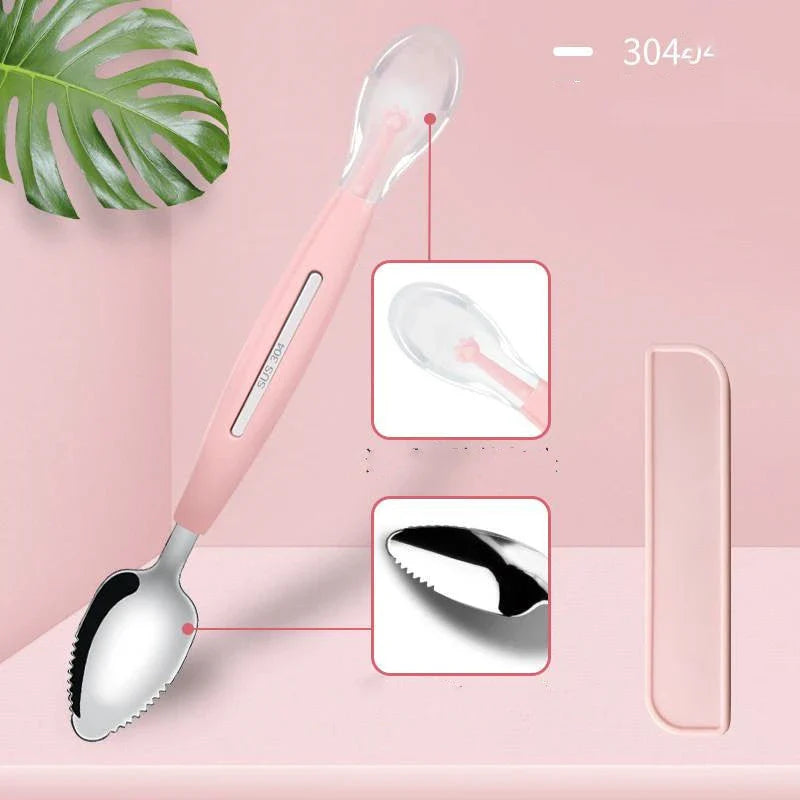 Stainless steel sawtooth scraping spoon for grapefruit and desserts in sky blue, cherry pink, and mint green