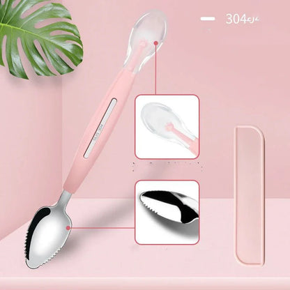 Stainless steel sawtooth scraping spoon for grapefruit and desserts in sky blue, cherry pink, and mint green