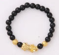 Imitation obsidian 18K gold-tone bracelet with six brave words engraving and little pearl accent