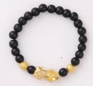 Imitation obsidian 18K gold-tone bracelet with six brave words engraving and little pearl accent