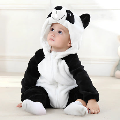 Cotton flannel baby romper with animal print design for winter wear, showing reinforced stitching and soft fabric texture