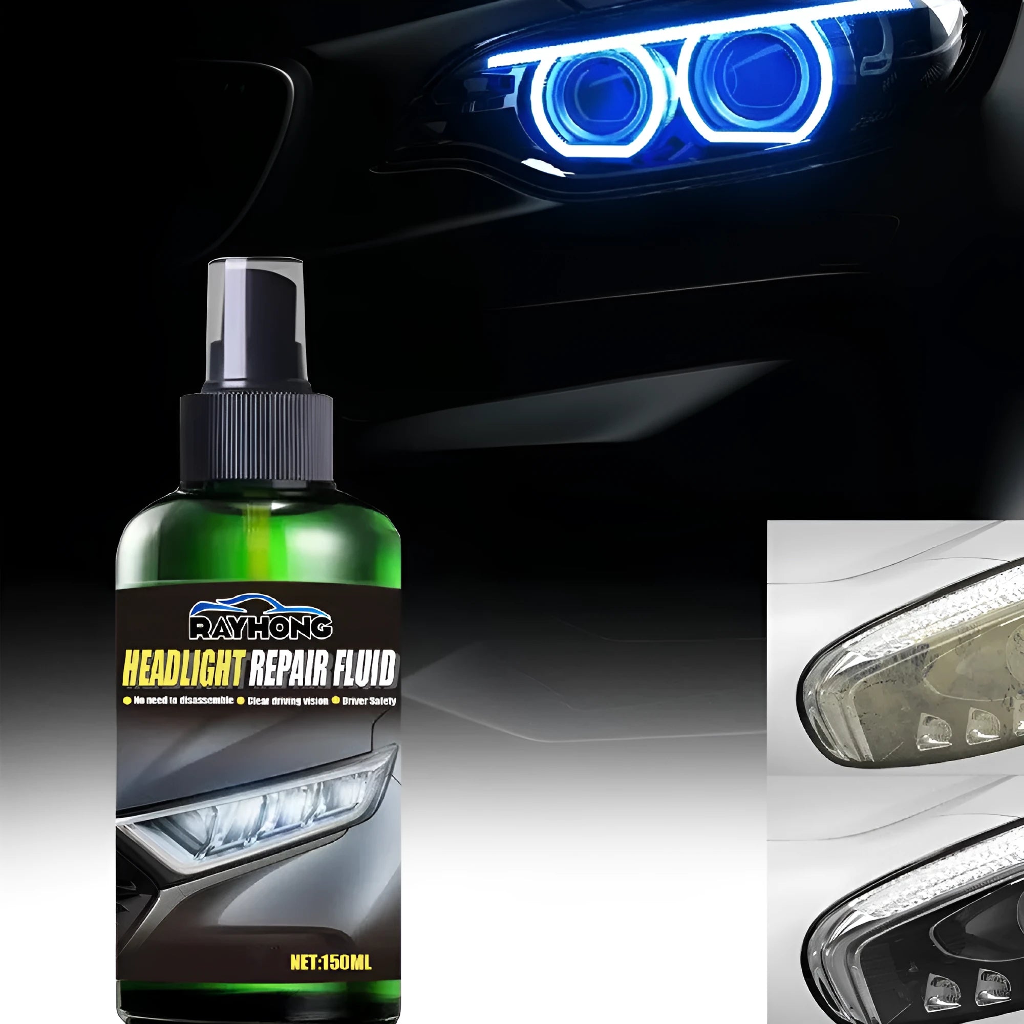 150ml bottle of car headlight repair liquid for restoring yellowed plastic lenses.