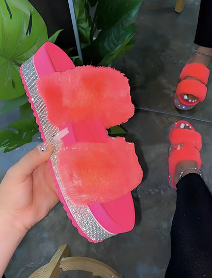 Women's bling reversible fur slide slippers in black with 6-8cm wedge heel, rhinestone accents, and non-slip sole