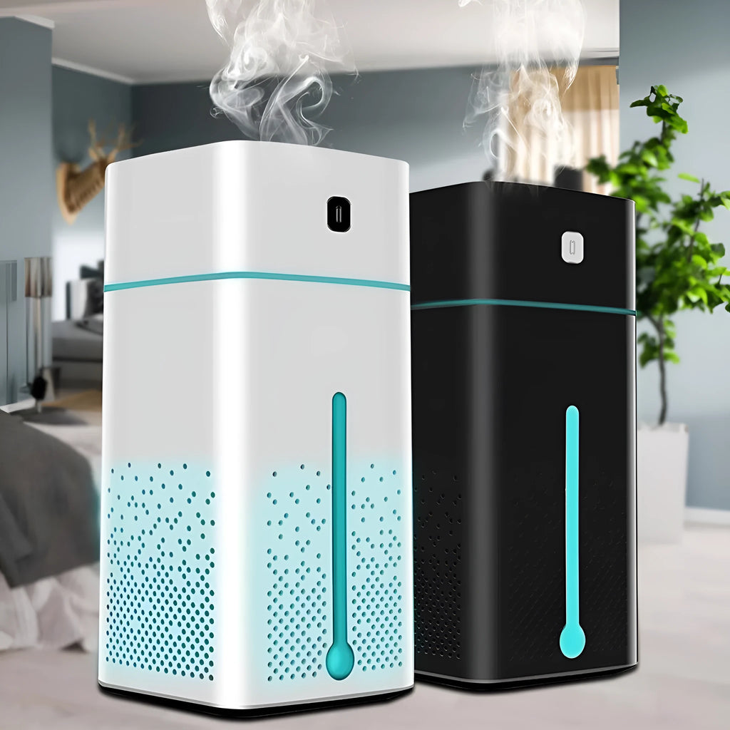 Black and white desktop humidifier measuring 103x103x218mm with 1000ml capacity