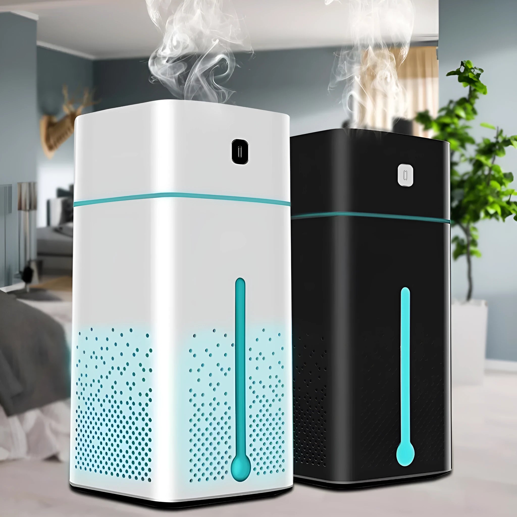 Black and white desktop humidifier measuring 103x103x218mm with 1000ml capacity