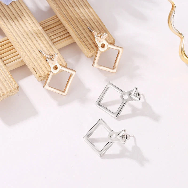 Hollow diamond square stud earrings in alloy with geometric design options