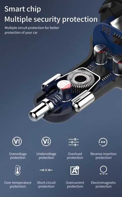 Black car MP3 player with orange LED screen, dual USB ports, 51x45x86mm size for FM transmission and Bluetooth audio