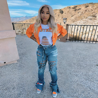 Orange cropped women's denim jacket with lapel collar, long sleeves 46cm, pockets, length 41cm, 0.35kg weight