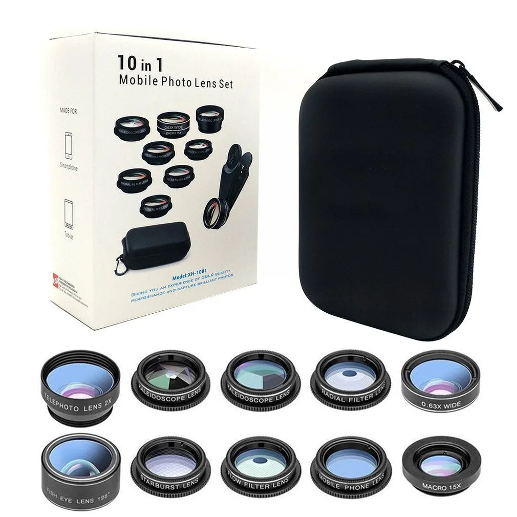 Black 10-in-1 mobile phone camera lens kit with fisheye macro and wide angle attachments