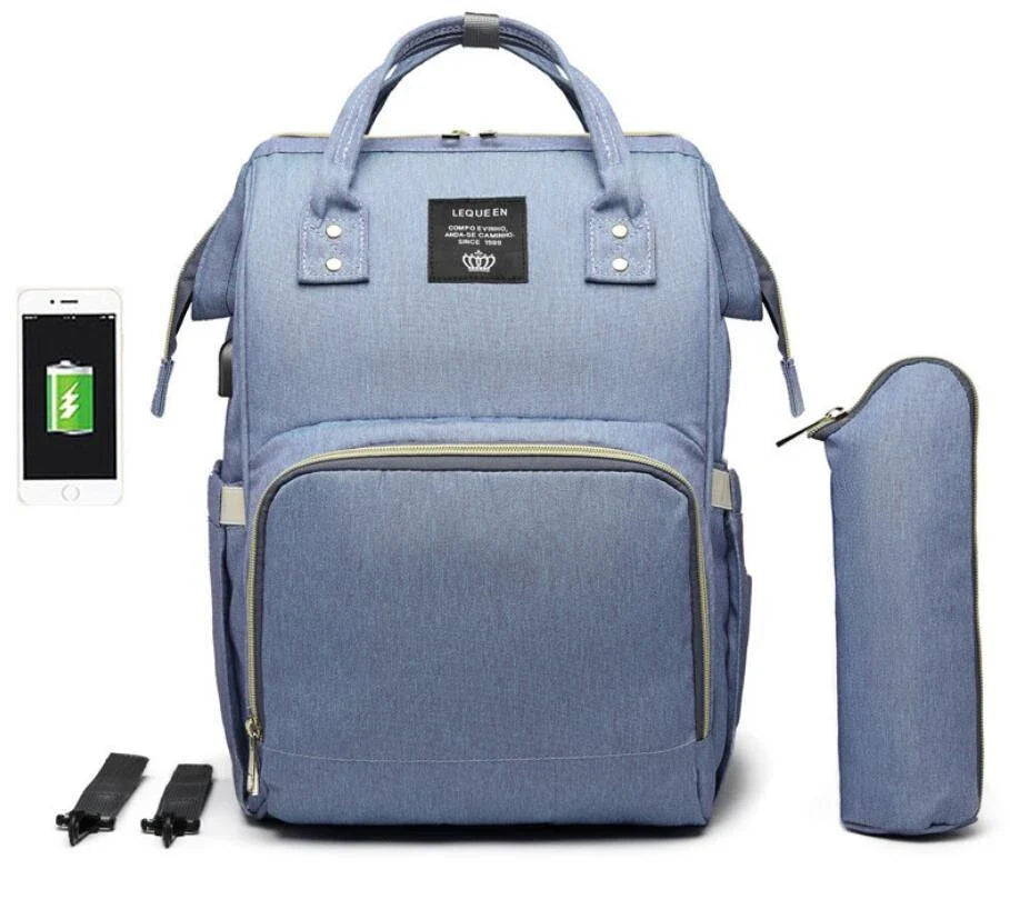 A stylish and practical mummy backpack with features like an insulated bottle compartment, USB charging port, and water-resistant construction.