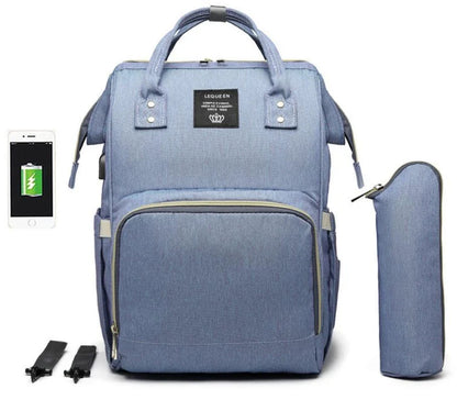 A stylish and practical mummy backpack with features like an insulated bottle compartment, USB charging port, and water-resistant construction.