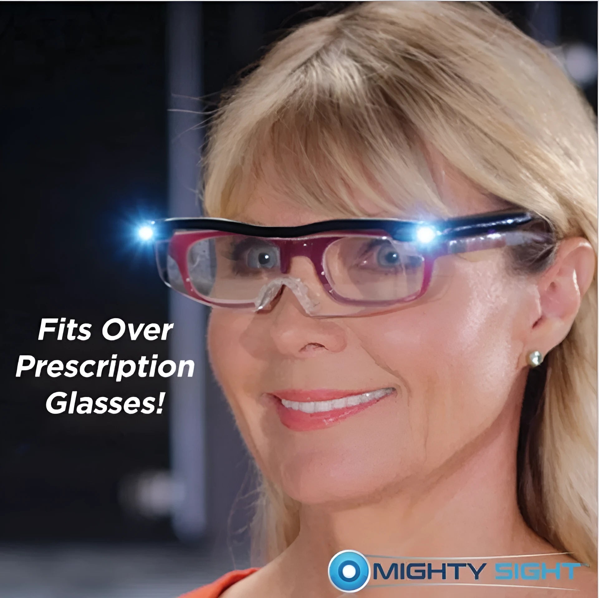 Transparent black USB LED reading glasses with ABS frame on a surface.