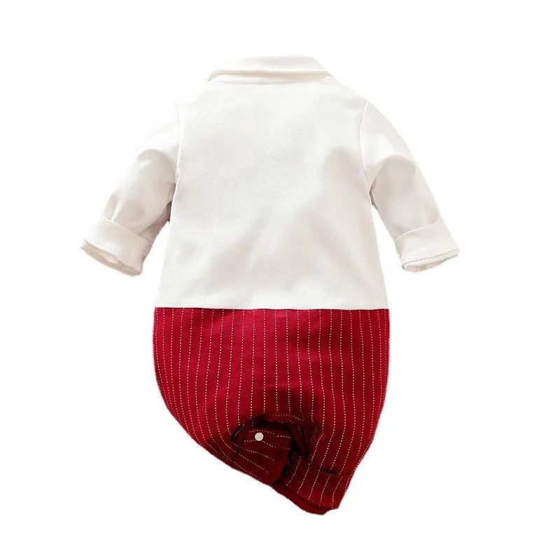 Gentleman style baby boy cotton jumpsuit in wine red colour with single-breasted closure and long sleeves
