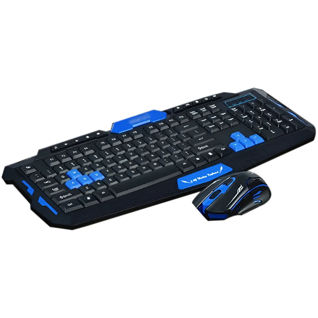 Blue and black wireless keyboard and mouse set on a desk, showing the low-profile keyboard and ergonomic mouse.