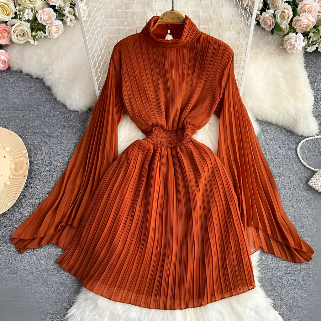 Horn long sleeves stand collar high waist A-line chiffon dress in orange-red colour